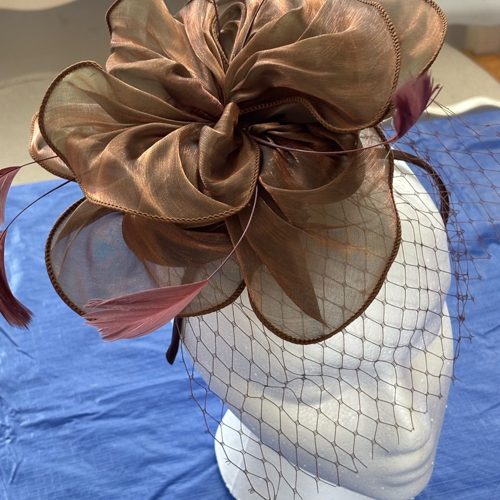 Brown Floral Hat with Veil and Feathers